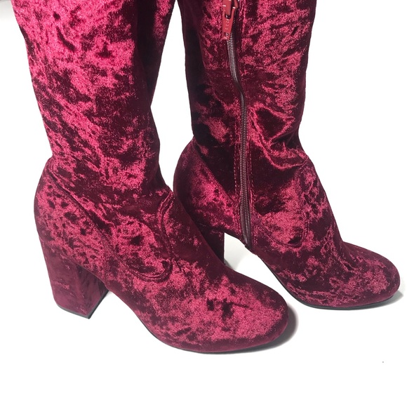 Hot red velvet over knee thigh high heeled boots - Picture 2 of 8